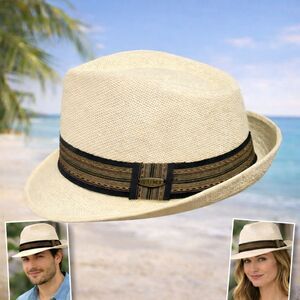 YUMI Toyo Straw Fedora Panama Trilby Style Hat Tan Brown Band Size L Summer Sun